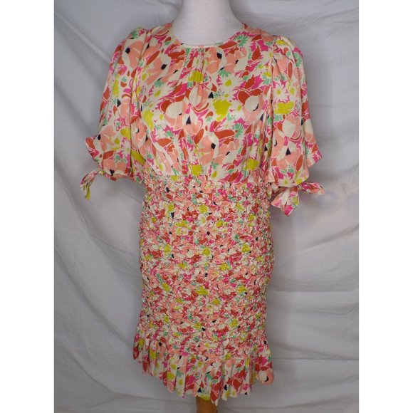 🆕 By TiMo Shirred Smocked Ruffle Crepe Satin Mini Dress Floral Medium - Picture 12 of 16